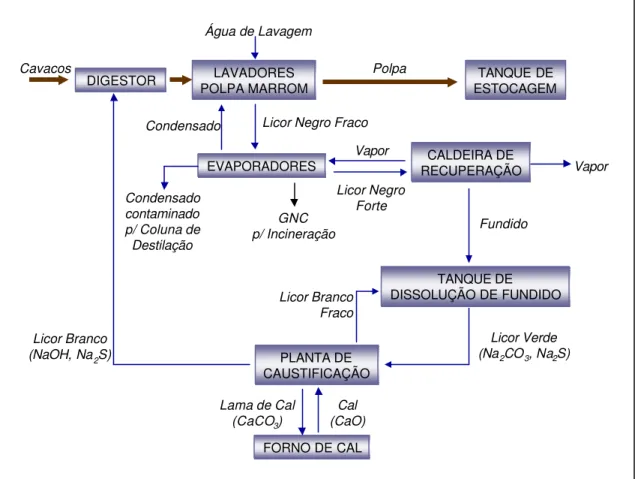 Figura 1 – Fluxograma das principais etapas do ciclo de recuperação química  de uma fábrica de polpa kraft