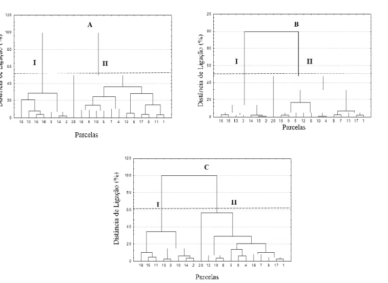 Figura 4 – Dendrograma para o Projeto Cachoeira das Pombas com as três abordagens de agrupamento obtidas pelo algoritmo de Ward e pela  distância euclidiana