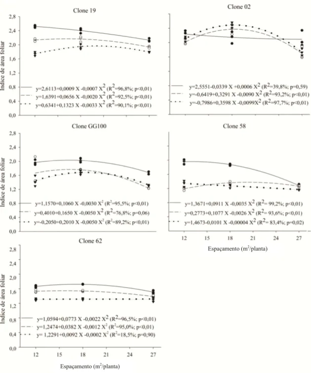 Figura 3. Índice de área foliar (Y) do dossel arbóreo em função do espaçamento (X), aos  38  (círculo  fechado),  50  (círculo  aberto)  e  62  meses  (triângulo  fechado),  em  sistemas  silvipastoris  com  cinco  clones  de  eucalipto,  em  Vazante,  MG