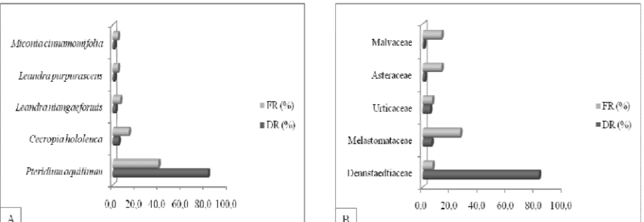 Figura 8- Densidade relativa (DR) e freqüência relativa (FR) para as principais espécies (A) e 
