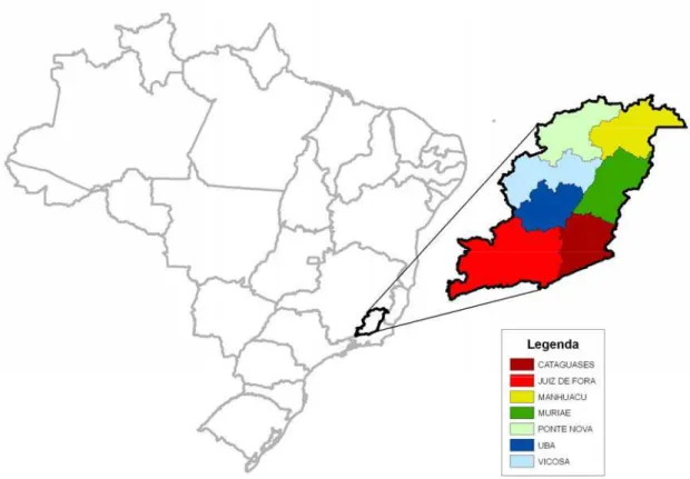 Figura 1 – Localização da Zona da Mata com suas microrregiões no Estado de Minas Gerais  e no Brasil
