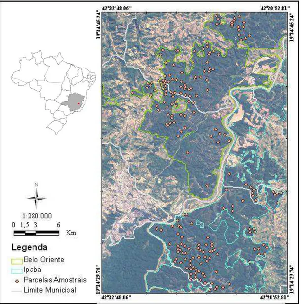 Figura  17  –  Localização  da  área  de  estudo  nos  municípios  de  Belo  oriente,  Santana  do  Paraíso, Ipaba e Caratinga-MG