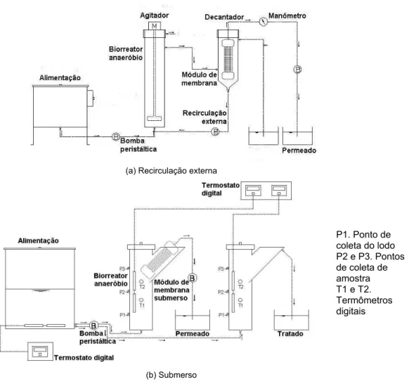 Figura 2.7. Esquemas dos sistemas de biorreator de membranas com (a) recirculação externa e (b)  submerso