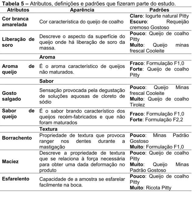Tabela 5  – Atributos, definições e padrões que fizeram parte do estudo. 