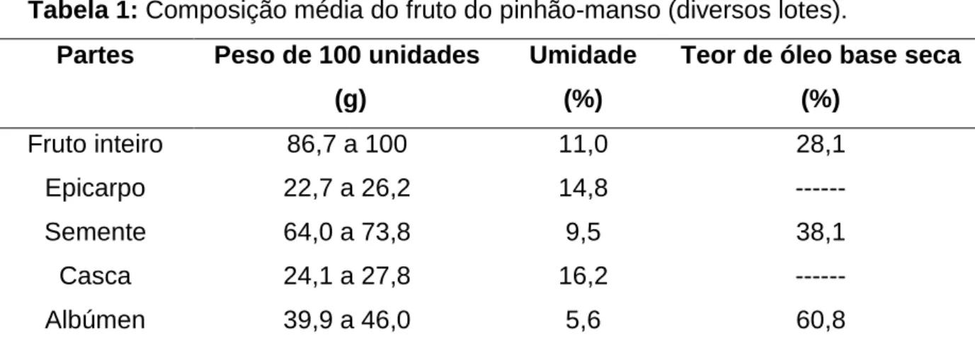 Tabela 1: Composição média do fruto do pinhão-manso (diversos lotes).  Partes  Peso de 100 unidades 
