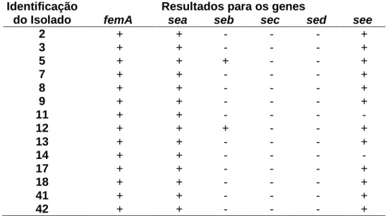 Tabela 8 – Genes detectados nos 14 isolados de S. aureus obtidos de queijo  Minas artesanal Canastra desta primeira etapa