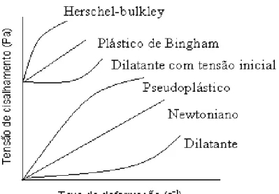 Figura 2.7 - Curvas de escoamento para fluidos Não Newtonianos  independentes do tempo e para fluido Newtoniano