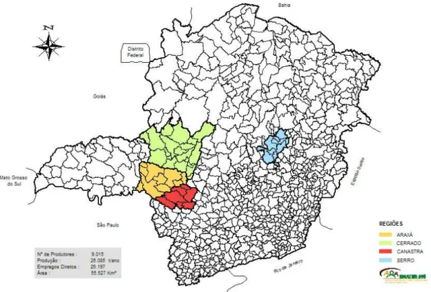 Figura 1 – Mapa das quatro regiões tradicionais produtoras de queijo Minas  artesanal