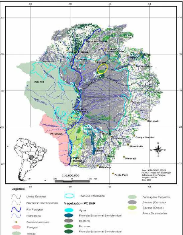 Figura 1 – Mapa de cobertura vegetal da Bacia do Alto Paraguai e no circulo amarelo  a RPPN SESC-Pantanal