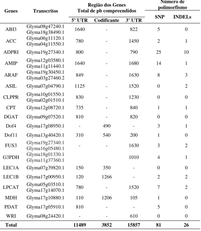 Tabela  4.  Regiões  gênicas sequenciadas de cada transcrito e o respectivo número de 