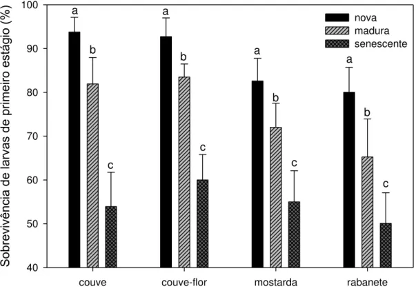 Figura 1  – Percentual de sobrevivência de larvas de primeiro estágio de P. xylostella 