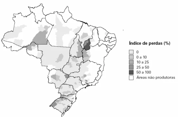 Figura 4 - Índice de perdas até pré-colheita da soja. Índice apresentado por microrregiões do Brasil em  2002