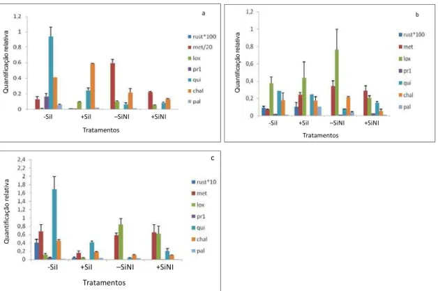 Figura 3. Quantificação relativa da expressão de genes de defesa em plantas do cultivar  MG/BR 46 supridas (+Si) e não supridas com silício (-Si) inoculadas (I) e não  inoculadas (NI) com Phakopsora pachyrhizy