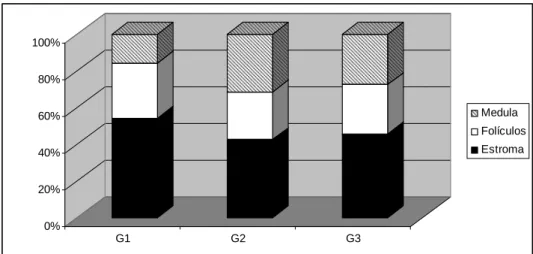 Figura 3: Proporção volumétrica dos constituintes ovarianos de camundongas tratadas  por tempo prolongado com o MPA (G1, G2 e G3 respectivamente): estroma ovariano,  folículos ovarianos e região medular (medula)