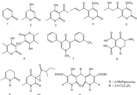 Figura 1.4. Estrutura química de piran-2-ona (1), ácido triacético lactônico  (2), ácido tetracético lactônico (3), Pirenocina A (4), Pirenocina B (5),  colletopirona (6), fluridona (7), gostatina (8), 6-metilpiridin-2-ona (9),  sapinopiridiona (10) e bis(