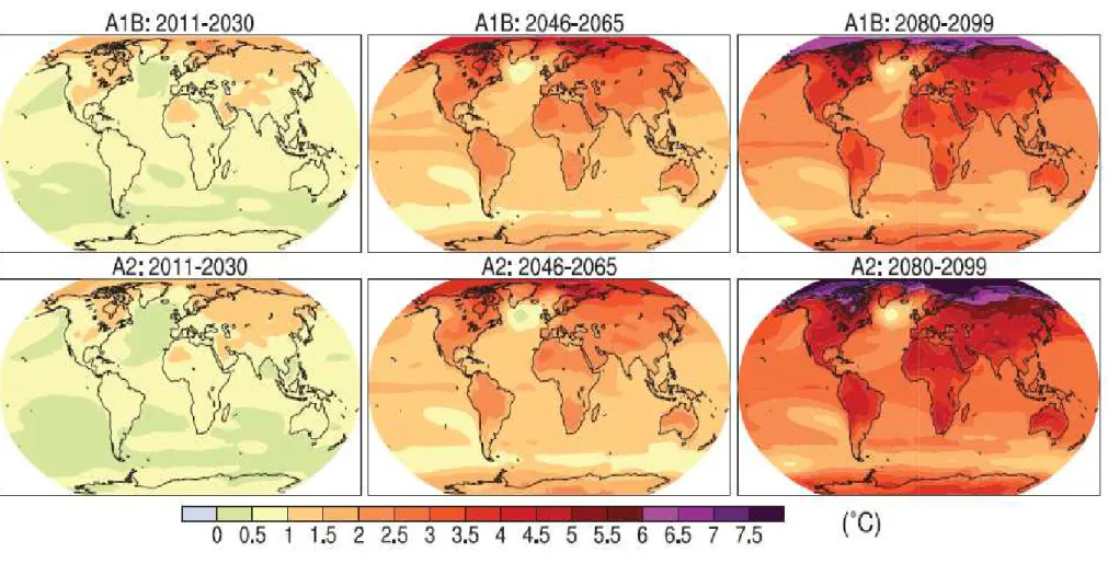 Figura 3  – Média do aquecimento da superfície da terra em graus Celsius, para os modelos A1B e A2, nos períodos de 2011-2030, 2046- 2046-2065 e 2080-2099