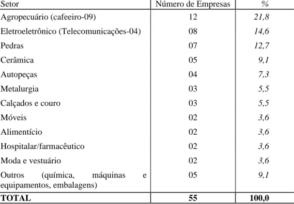 Tabela  6  –  Empresas  exportadoras  contínuas  do  sul  de  Minas  Gerais,  entre  2003  e  2008, por setor de atividade 