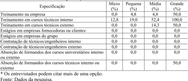 Tabela 29 – Treinamento e Capacitação de Recursos Humanos  Especificação  Micro  (%)  Pequena (%)  Média (%)  Grande (%)  Treinamento na empresa  0,0  4,8  4,8  50,0 