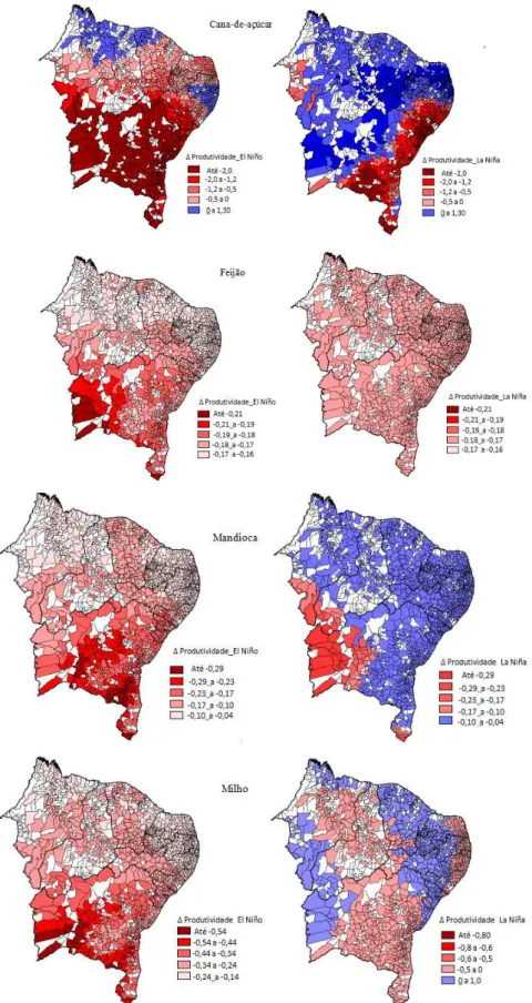 Figura  3-  Mapas  da  variação  de  produtividade  (t/ha)  das  culturas  de  cana-de-açúcar,  feijão,  mandioca  e  milho  nos  municípios  da  região  Nordeste  do  Brasil,  segundo  os  efeitos  dos  fenômenos El Niño e La Niña