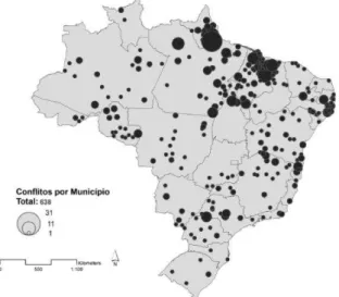 Figura 1 -  Número de Ocorrências de Conflitos no Brasil no Ano de 2010  Fonte: Comissão Pastoral da Terra - CPT (2012)