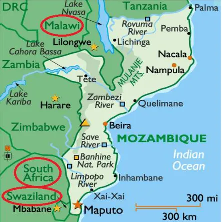 Figura 1 – Mapa de Moçambique com destaque os países exportadores de  feijão-vulgar 