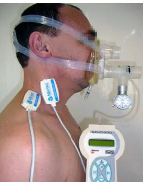 Figura 1 - Aplicação de  expiratory positive airway  pressure  (EPAP, pressão positiva expiratória nas vias  aéreas) em um voluntário