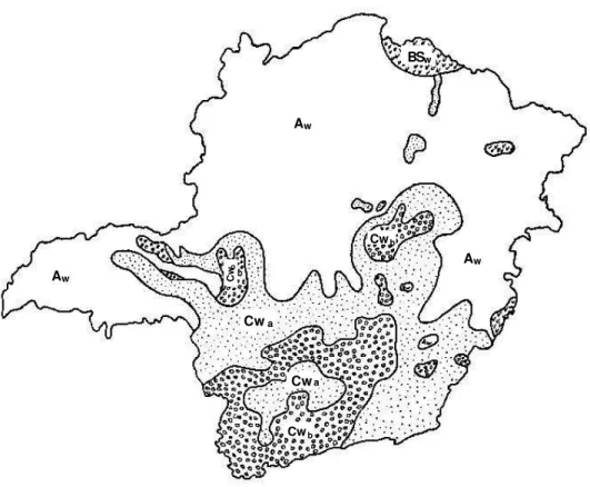 Figura 6  -  Classificação climática do Estado de Minas Gerais segundo  Köppen.  A wAwAwBSwCwbCwaCwaCwbCwb