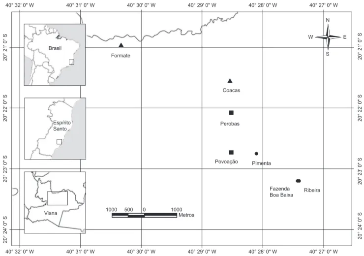 Figura 1. Mapa das localidades de coleta de pequenos mamíferos não voadores em Viana, Espírito Santo, Brasil