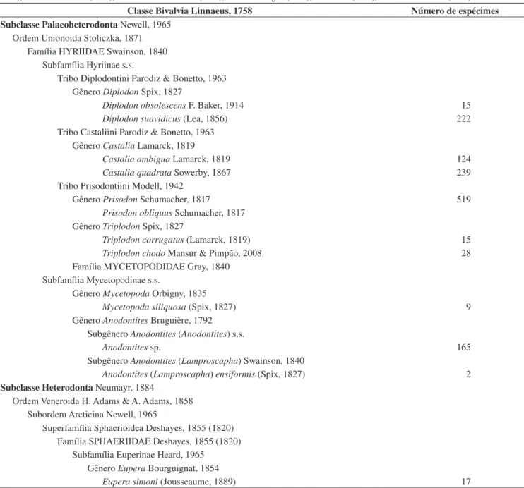 Tabela 1. Classificação dos bivalves de água doce e quantidade encontrada no baixo rio Aripuanã, AM, Brasil