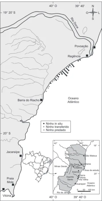 Figura 1. Localização dos ninhos de D. coriacea na REBIO de Comboios  na temperada reprodutiva de 2007/2008