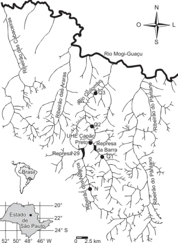 Figura 1. Mapa  da região  de estudo, mostrando os pontos de coleta localizados na bacia do rio Quilombo, afluente do rio Mogi-Guaçu, Estado  de São Paulo.