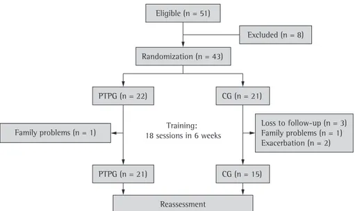 Figure 1 - Flowchart of the study. PTPG: physical training program group; CG: control group.