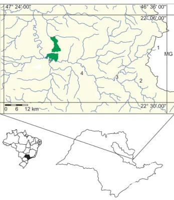 Figura 1. Mapa da bacia do rio Mogi Guaçu no Estado de São Paulo indicando 