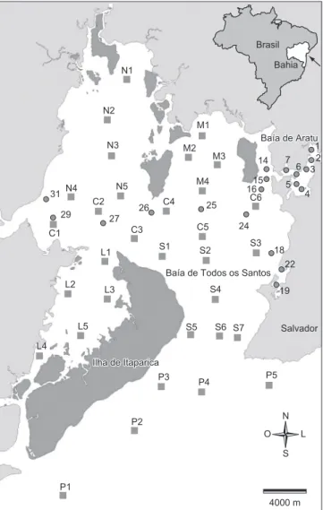 Figura 1. Mapa de localização das estações amostradas na Baía de Todos os 