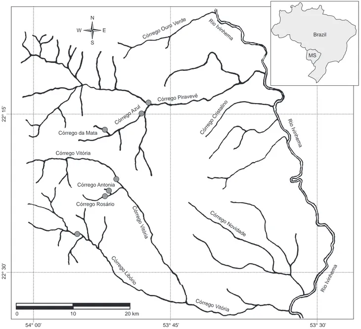 Figura 1. Localização dos riachos na bacia do rio Ivinhema-MS, Alto Paraná. Figure 1. Location of the streams in the basin of the river Ivinhema-MS, Upper Parana.