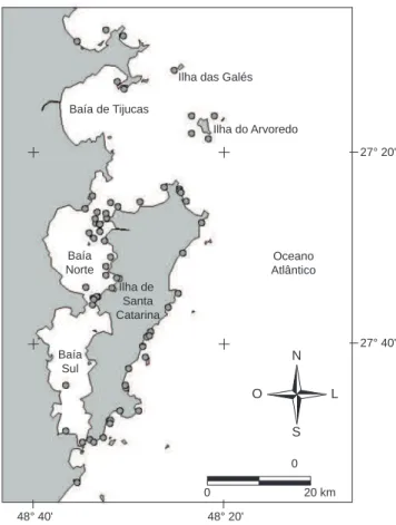 Figura 1. Registros de Tursiops truncatus nas adjacências da Ilha de Santa  Catarina entre 1989 e 2005 (n = 71).