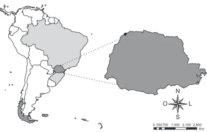Figura 1. Mapa da América do Sul, destacando o Brasil e o Estado do Paraná,  e a localização da Ilha Mutum, Município de Porto Rico (22° 46’ 20” S e   53° 16’ 01” W), Estado do Paraná.