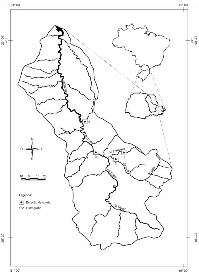 Figura 1. Localização dos trechos de coleta na bacia do rio Tibagi: 1 = Fortaleza; 2 = Iapó; 3 = Tibagi acima; 4 = Tibagi abaixo
