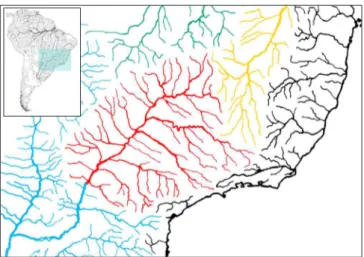 Figura 1. Sistema do Alto rio Paraná (vermelho) e bacias vizinhas do Paraguai 