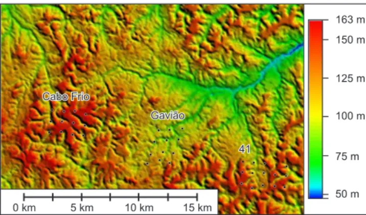 Figura  1.  Modelo  numérico  da  elevação  do  terreno  a  partir  dos  dados  da   Missão Shuttle de Radar Topográfico (SRTM) para a área de estudo