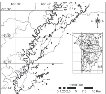 Figura 1. Localização das lagoas amostradas na bacia do rio Cuiabá, Pantanal, 