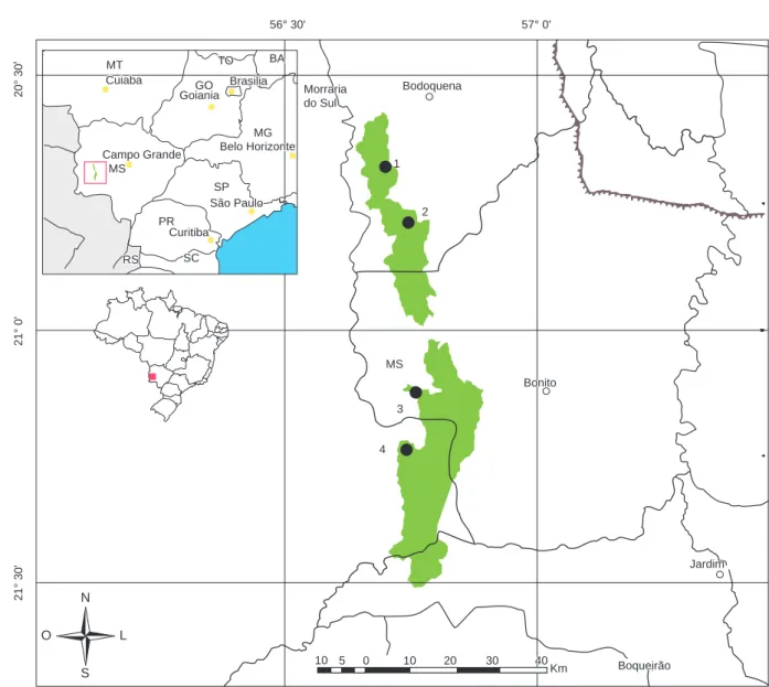 Figura 1. Mapa do Brasil com a localização do Parque Nacional da Serra da Bodoquena, estado de Mato Grosso do Sul (modificado de Ibama 2007)