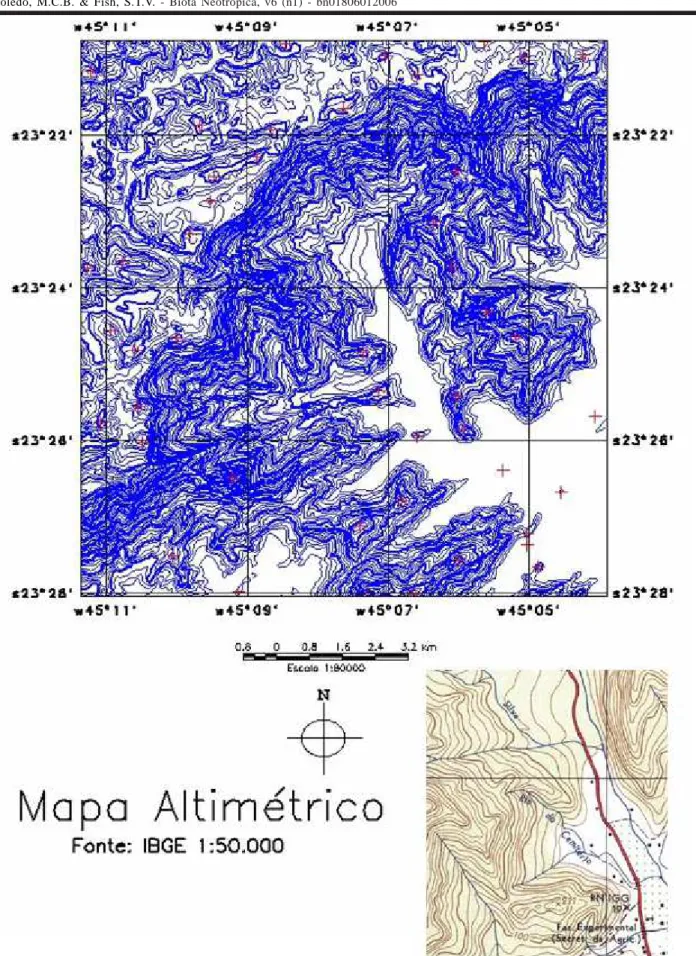 Figura 3: Mapa topográfico digitalizado a partir da carta do IBGE. Em azul as isolinhas e os sinais de soma em vermelho correspondem aos pontos de controle.