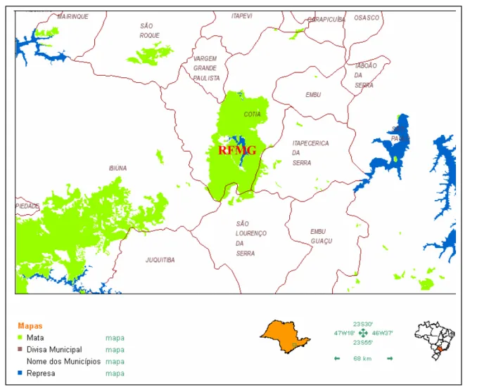 Figura 1. Municípios abrangidos pela RFMG e seu entorno. Fonte: Atlas Sinbiota (http://sinbiota.cria.org.br/atlas/), © 2001, Biota/Fapesp &amp; Centro de Referência em Informação Ambiental.