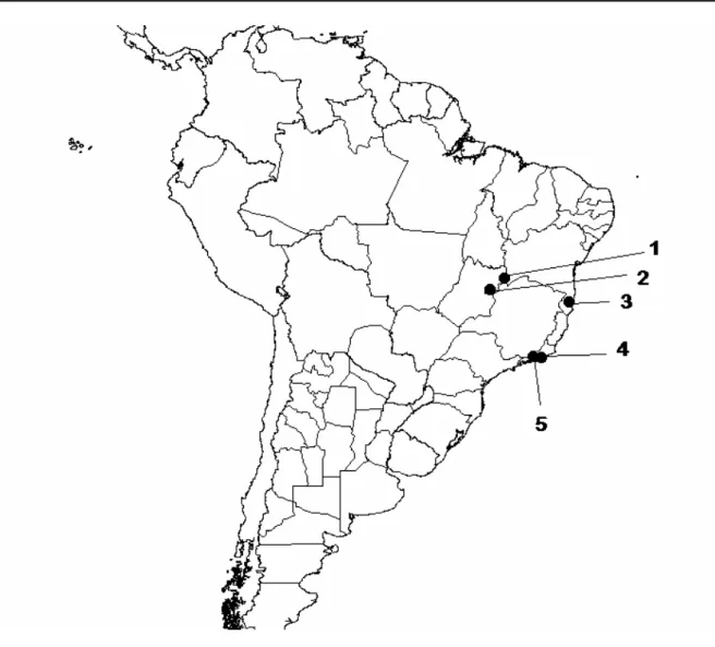 Figura 1.  Ocorrência de Phylloderma stenops. (1) APA Nascentes do Rio Vermelho, Mambaí (Esbérard et al