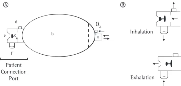 Figure 1 - Schematic representation of the manual resuscitator. Figure A illustrates all of the components  of the resuscitator, and figure B illustrates only the patient connection port, highlighting the positioning  of the patient valve during inhalation