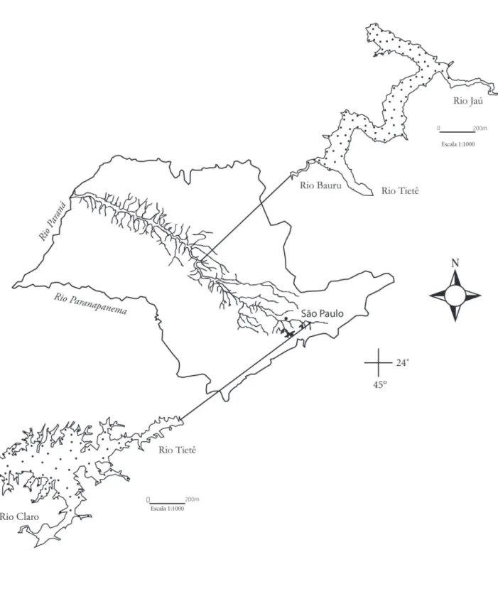 Figura 1 – Mapa das represas Ponte Nova e Bariri com a localização dos pontos de coleta.