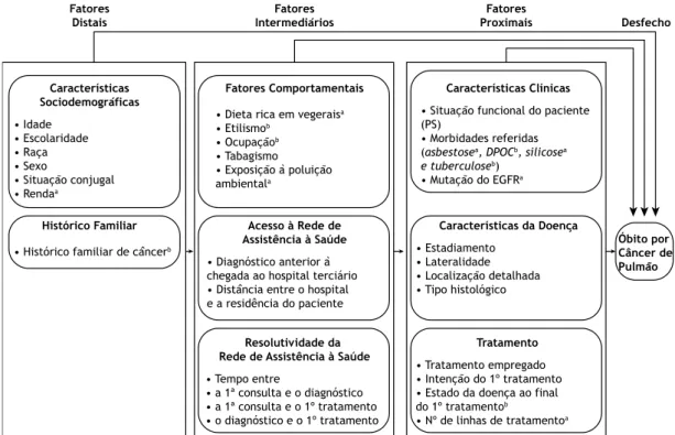 Figura 1. Modelo teórico hierarquizado proposto sobre fatores prognósticos e o óbito por câncer de pulmão.