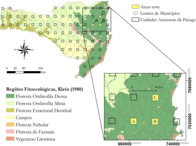 Figura 1: Localização das três áreas teste para com o estado de Santa Catarina, Sul do Brasil