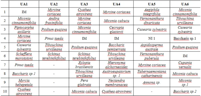 Tabela 1: Espécies mais abundantes por UA no estrato arbóreo das áreas teste, Santa Catarina, 